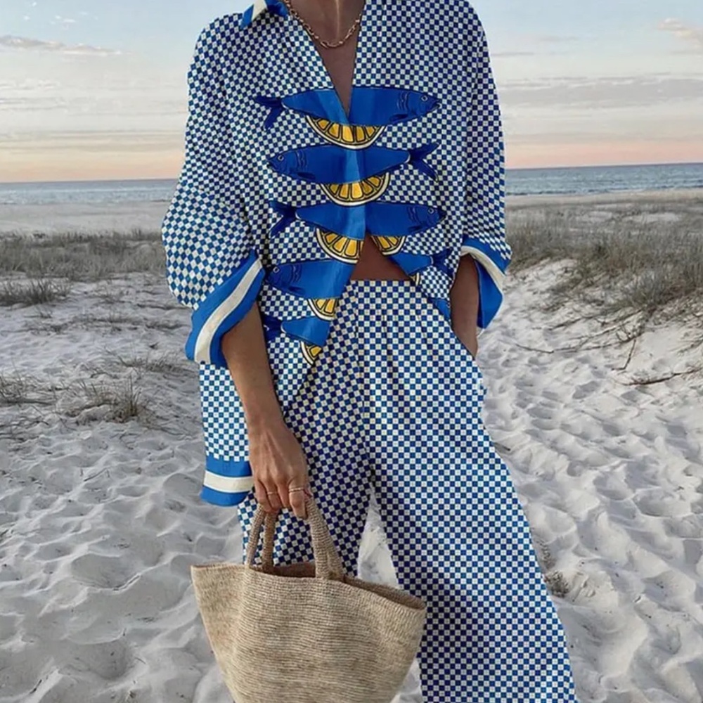 Women’s Blue & White Plaid Sardine Print Pantsuit, Long Sleeve INS Style Set